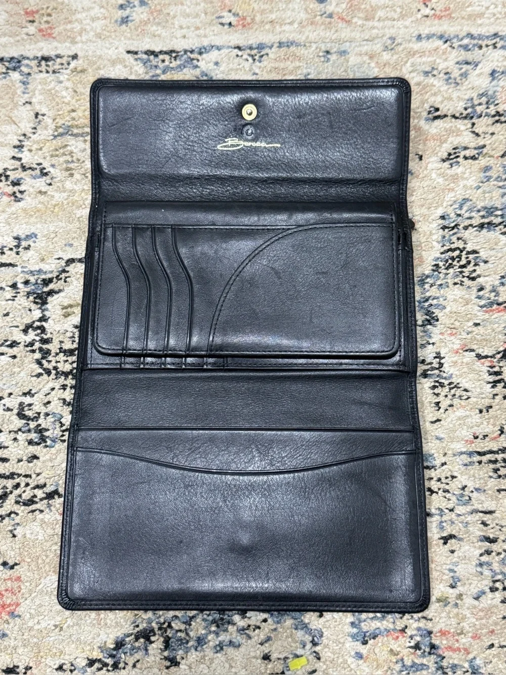 BOSCA Black Leather Italian wallet with Gold Tone Logo